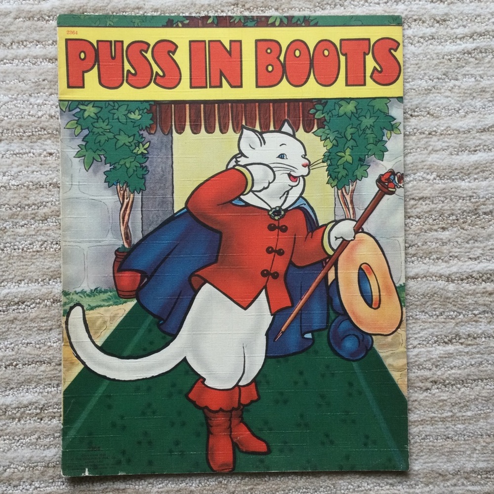 1941 Puss in Boots Saalfield Linen Children’s Book Color Illustrated Large Editi
